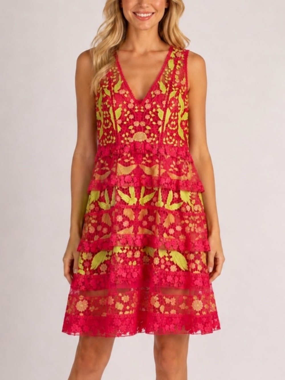 Marchesa Notte Pink Embroidered Lace Tiered Dress 6000